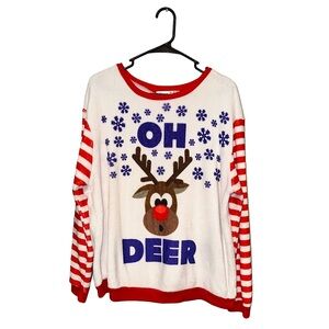 Wound Up Red and White “Oh Deer” Fuzzy Christmas Sweater